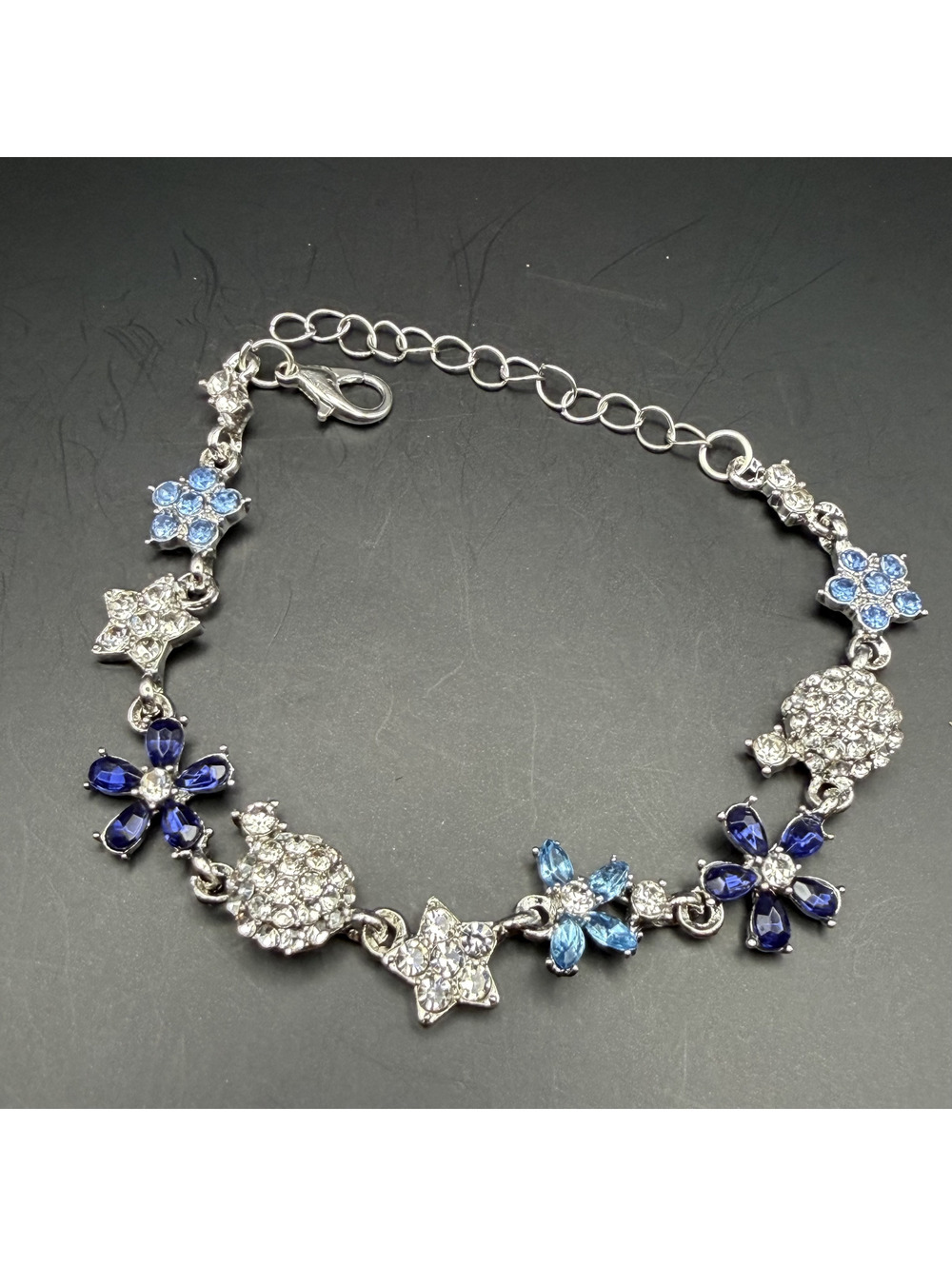 Candy Clover Blue and Silver Rhinestone Flower Bracelet with Adjustable Chain